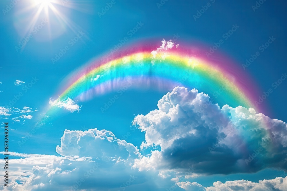 Amazing colorful rainbow in cloudy blue sky Amazing colorful rainbow in cloudy blue sky