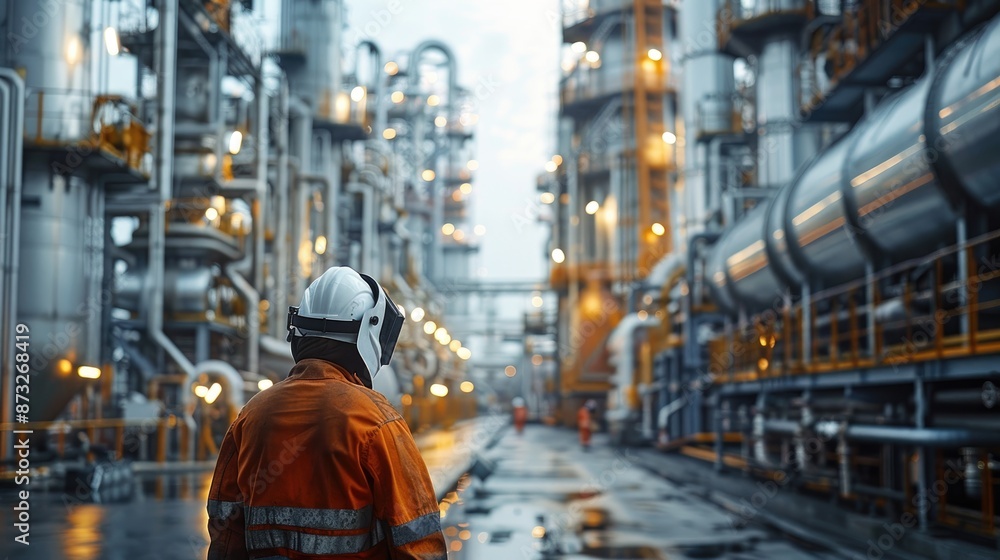 Welder in an orange jacket is standing in front of a large industrial plant. The scene is industrial and the man is wearing a hard hat Welder in an orange jacket is standing in front of a large industrial plant. The scene is industrial and the man is wearing a hard hat
