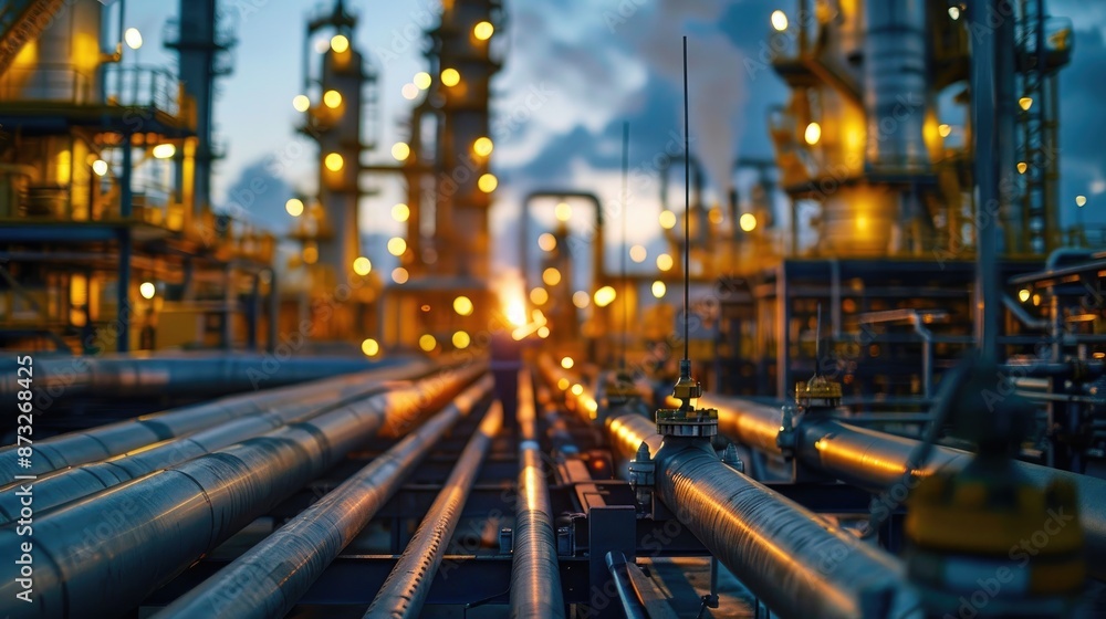 Large industrial plant with many pipes and a lot of lights. Scene is industrial and somewhat ominous Large industrial plant with many pipes and a lot of lights. Scene is industrial and somewhat ominous