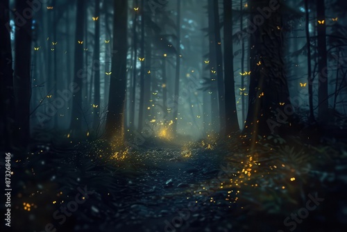 mysterious dark forest with glowing fireflies enchanting fantasy landscape © Bijac