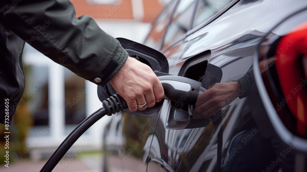 hand inserting a charging cable into a hybrid car, electric station hand inserting a charging cable into a hybrid car, electric station