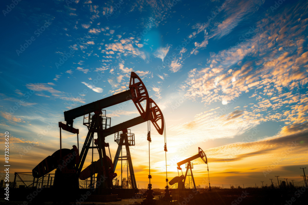 Oil Pump Jack Silhouettes at Sunset in Industrial Oil Field with Dramatic Sky Oil Pump Jack Silhouettes at Sunset in Industrial Oil Field with Dramatic Sky