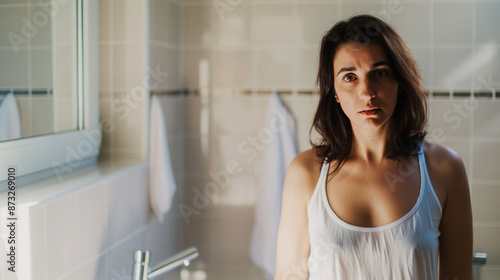 Young woman looking distressed in a bathroom.