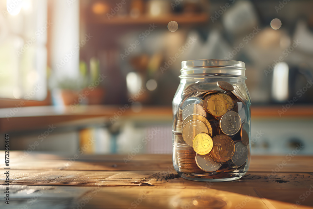 A jar full of coins on a wooden table A jar full of coins on a wooden table
