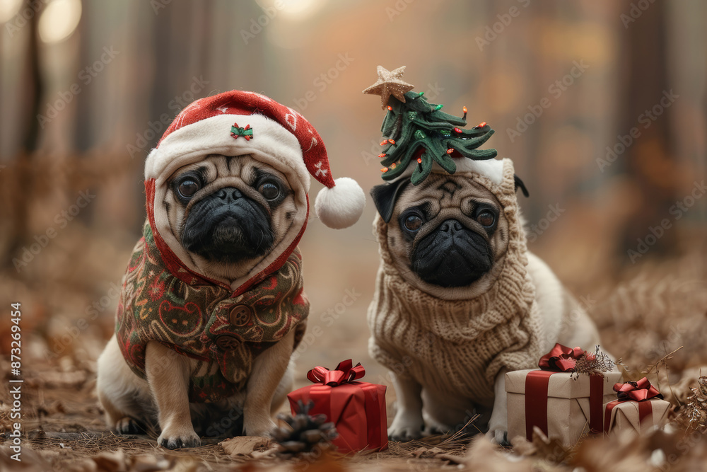 Adorable Pugs in Christmas Costumes with Gifts in a Forest during Autumn Adorable Pugs in Christmas Costumes with Gifts in a Forest during Autumn