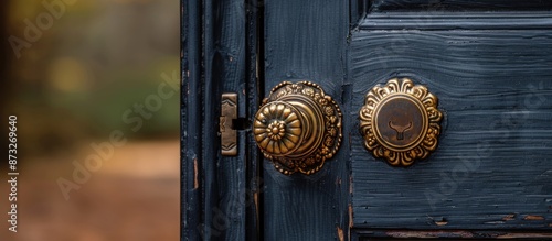 Ornate Brass Door Knob and Keyhole on a Distressed Black Door