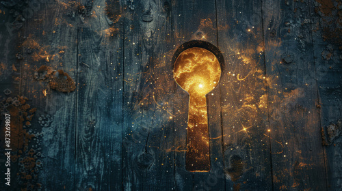 A rusted metal keyhole on a wooden door