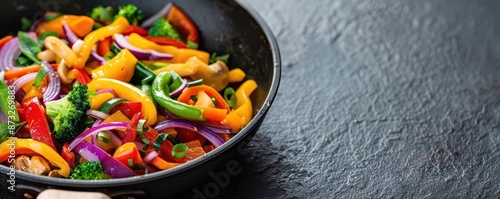 Aerial view of frying pan with colorful stir-fry, frying, vibrant and healthy cuisine photo