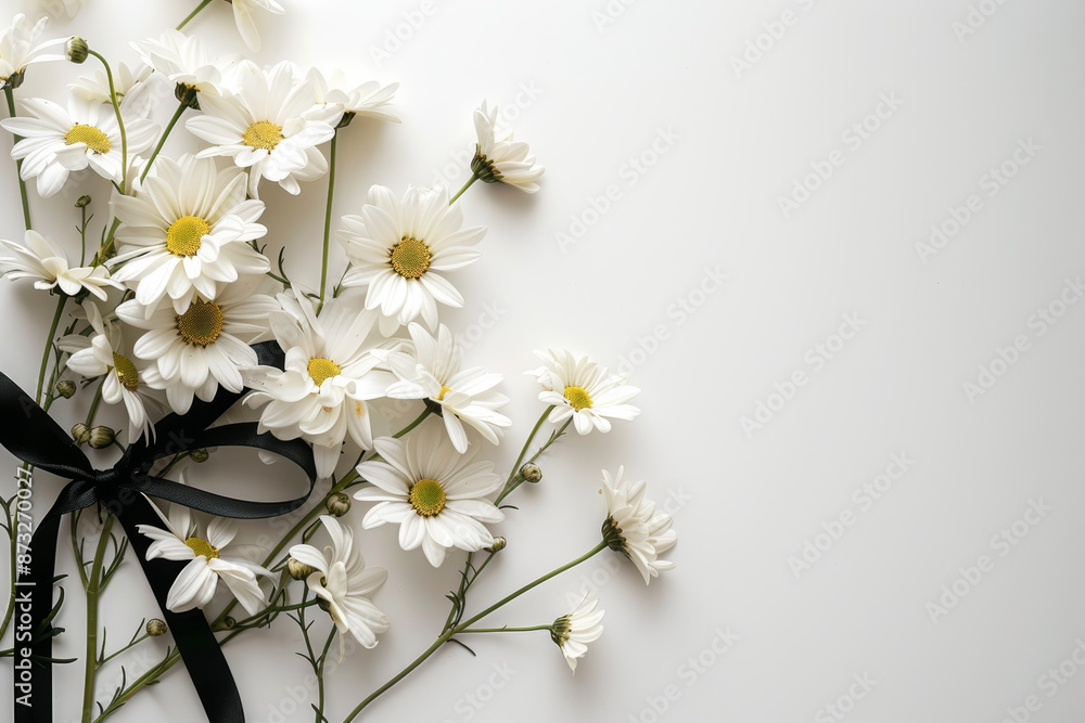Minimalistic Bouquet of White Daisies with Black Ribbon on White Background