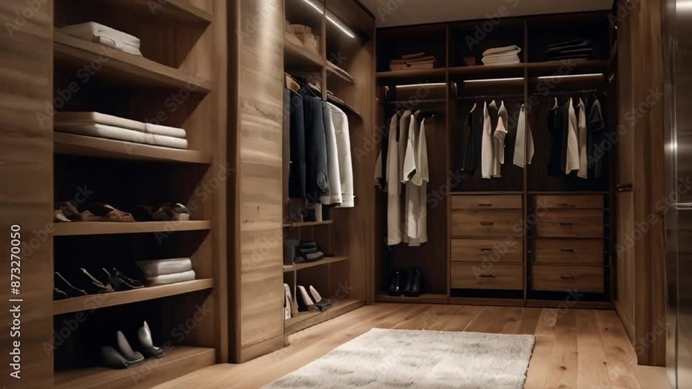 Modern Walk-in Closet with Wooden Shelving, Drawers, and Hanging Space Modern Walk-in Closet with Wooden Shelving, Drawers, and Hanging Space