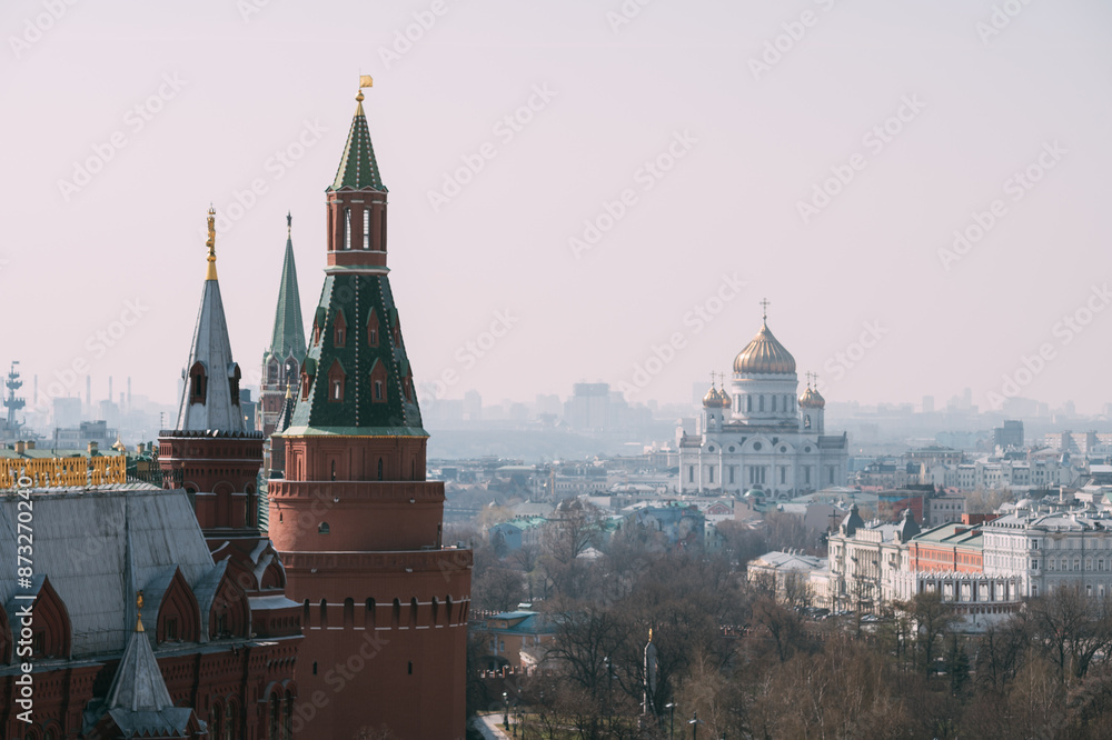 Fototapeta premium Top view of Moscow, the roofs of the Kremlin and the Historical Museum, the Red Square