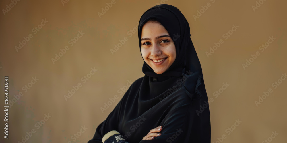 Confident Smiling Woman in Black Hijab with Folded Arms on Plain Background Confident Smiling Woman in Black Hijab with Folded Arms on Plain Background
