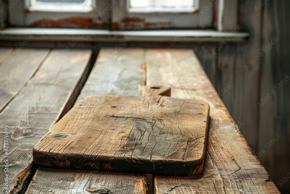 Rustic Wooden Cutting Board on Weathered Wooden Table in Natural Light Rustic Wooden Cutting Board on Weathered Wooden Table in Natural Light