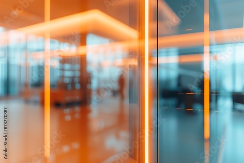 An abstract image with vibrant colors and a sense of depth. Blurred reflections of a modern office space with glass walls and orange and blue neon lights.