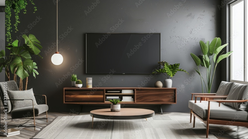 Modern drawing room with sleek LED TV mockup on entertainment unit Modern drawing room with sleek LED TV mockup on entertainment unit