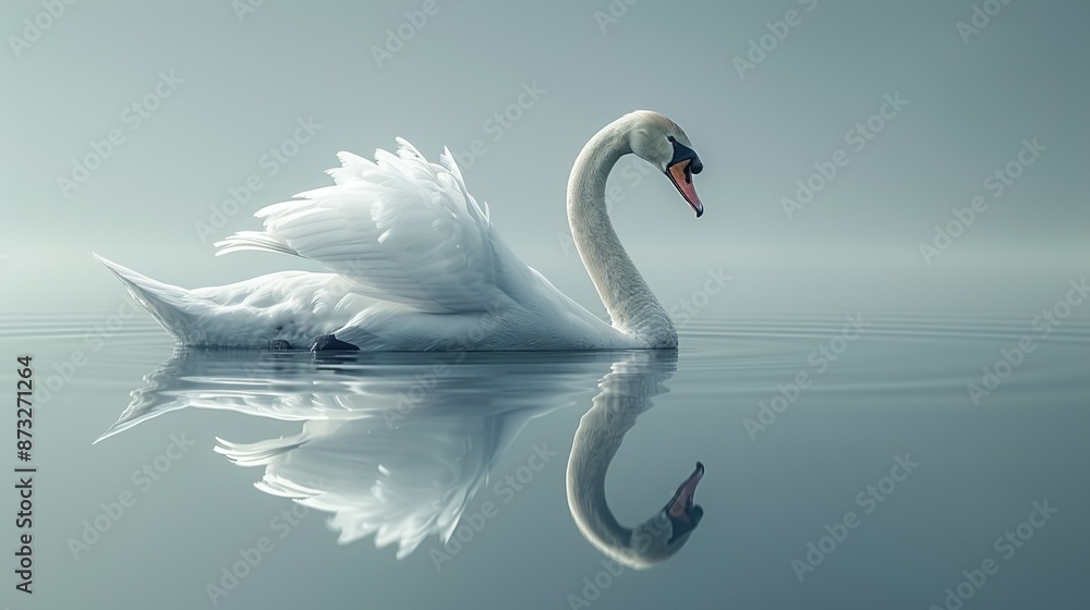 Fototapeta premium Gentle illustration of a graceful swan gliding on a tranquil lake, suitable for relaxation-themed content. , Minimalism,