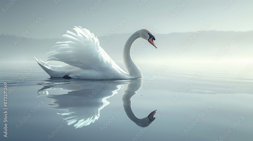 Obraz premium Gentle illustration of a graceful swan gliding on a tranquil lake, suitable for relaxation-themed content. , Minimalism,