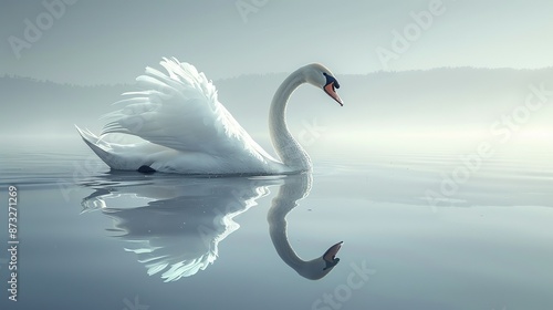 Fototapeta Naklejka Na Ścianę i Meble -  Gentle illustration of a graceful swan gliding on a tranquil lake, suitable for relaxation-themed content. , Minimalism,