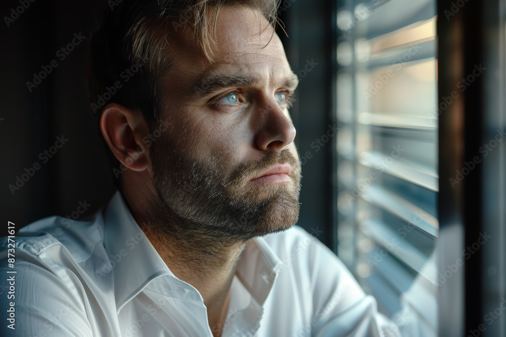 Naklejka premium Pensive Man Staring Out Window in Natural Light, Contemplating Life