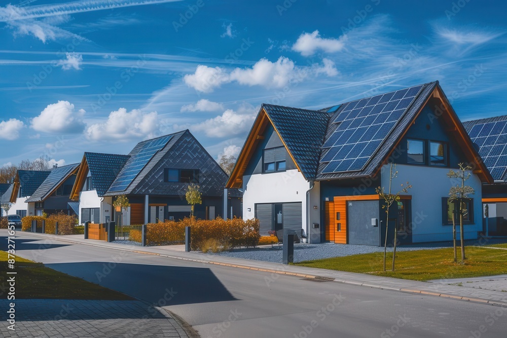 newly constructed homes with solar panels on roofs under bright sky sustainable architecture photo newly constructed homes with solar panels on roofs under bright sky sustainable architecture photo