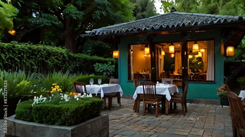 Outdoor Dining Area with Tables and Chairs Under a Gazebo in a Lush Garden Outdoor Dining Area with Tables and Chairs Under a Gazebo in a Lush Garden