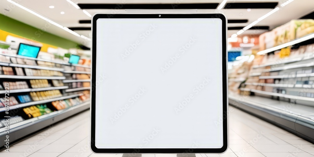 a white billboard on the background of a grocery supermarket a white billboard on the background of a grocery supermarket