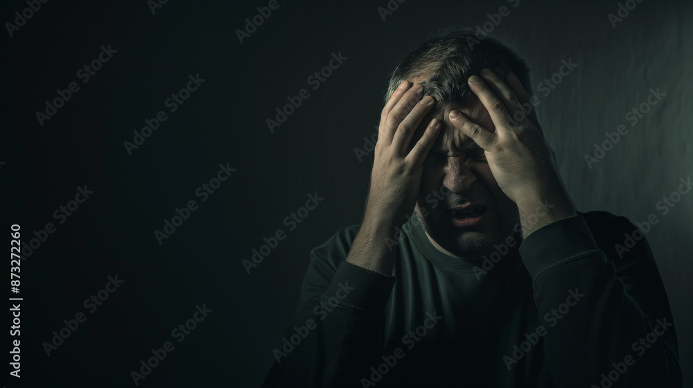 Man in dark room, holding head, showing distress. Man in dark room, holding head, showing distress.