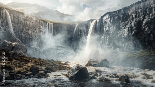 A dramatic waterfall plunging into a rocky gorge, with mist rising up and creating a mystical atmosphere.