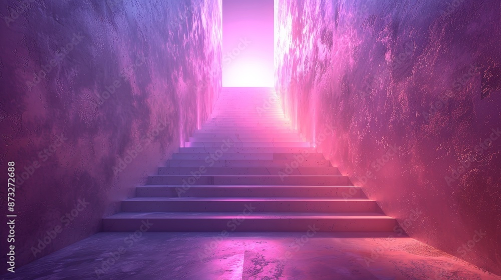 A staircase leading to a pink wall with a light shining through the opening A staircase leading to a pink wall with a light shining through the opening
