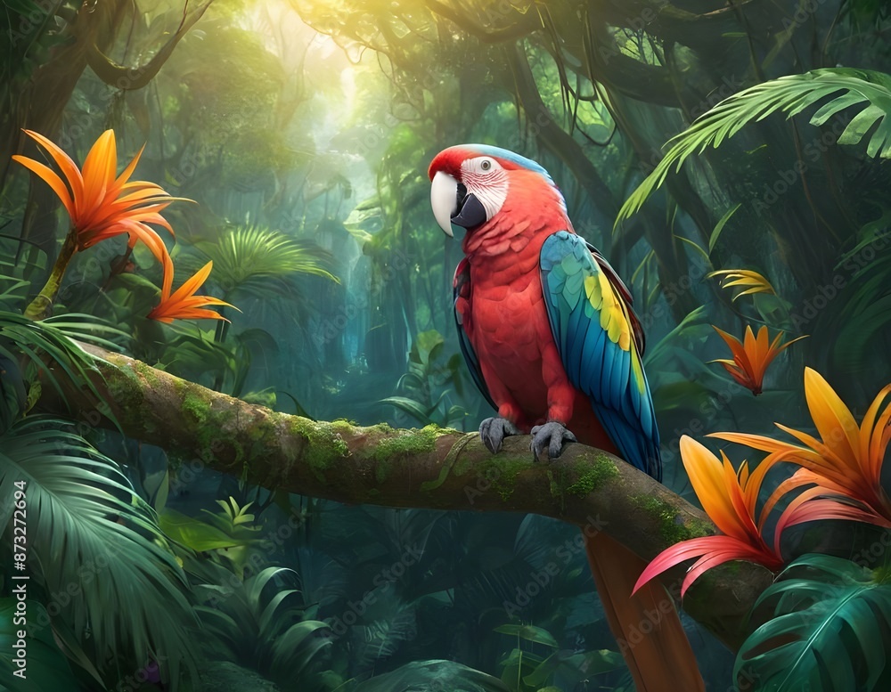 custom made wallpaper toronto digitalA Scarlet Macaw Perched on a Branch in a Lush Rainforest, parrot