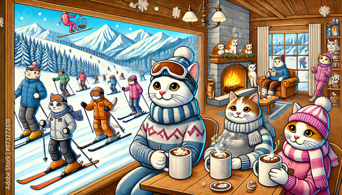 Wallpaper Mural Cats are enjoying a winter vacation at a ski resort. Some are skiing down the slopes, dressed in colorful winter gear, while others sip hot cocoa inside a cozy mountain lodge Torontodigital.ca