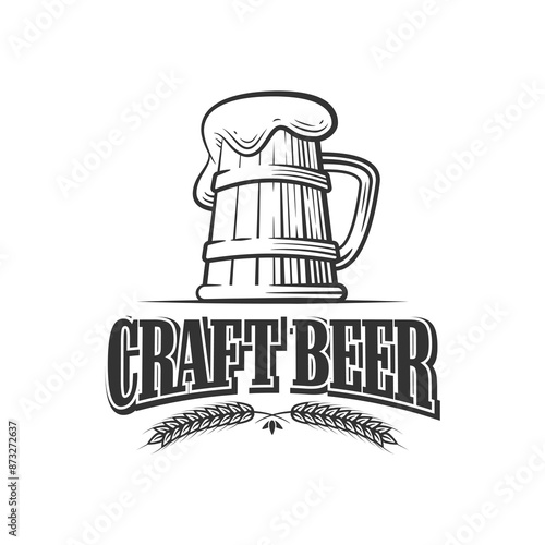 Craft beer logo. Vector craft beer badge with a mug and malt decoration. Vintage engraved emblem for pub or bar.