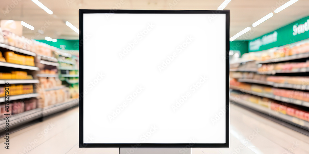 a white billboard on the background of a grocery supermarket a white billboard on the background of a grocery supermarket