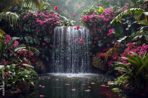 Tropical waterfall surrounded by lush greenery and pink flowers