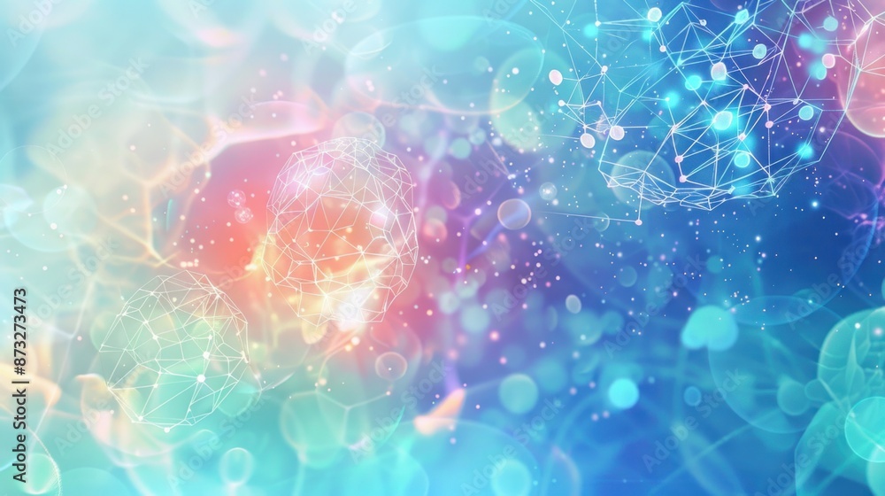 Abstract background with interconnected dots, lines, and colorful nebula clouds. Concepts. technology, science, digital network, and innovation.