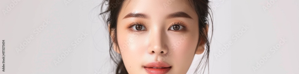 Naklejka premium Beautiful young Asian girl model with Korean makeup, black background, premium, plastic surgery marketing. Micro plastic surgery creates a beautiful and charming look. Beauty industry, skin care, plas