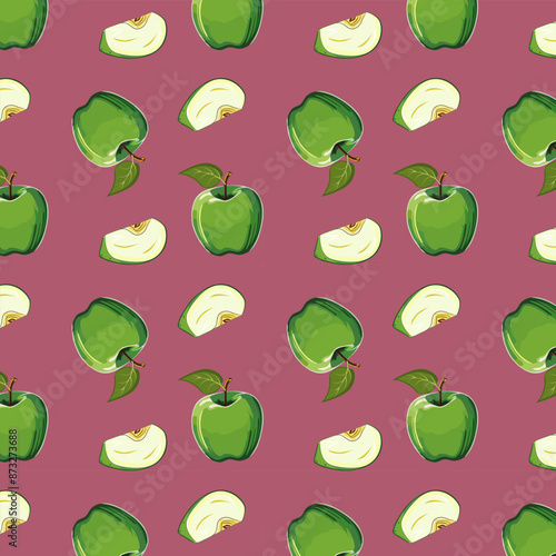 Vector pattern with apples.Vector seamless pattern with whole and cut green apples on a pink background.