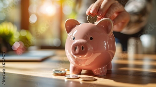 Photograph of a Hand Placing a Coin in a Piggy Bank