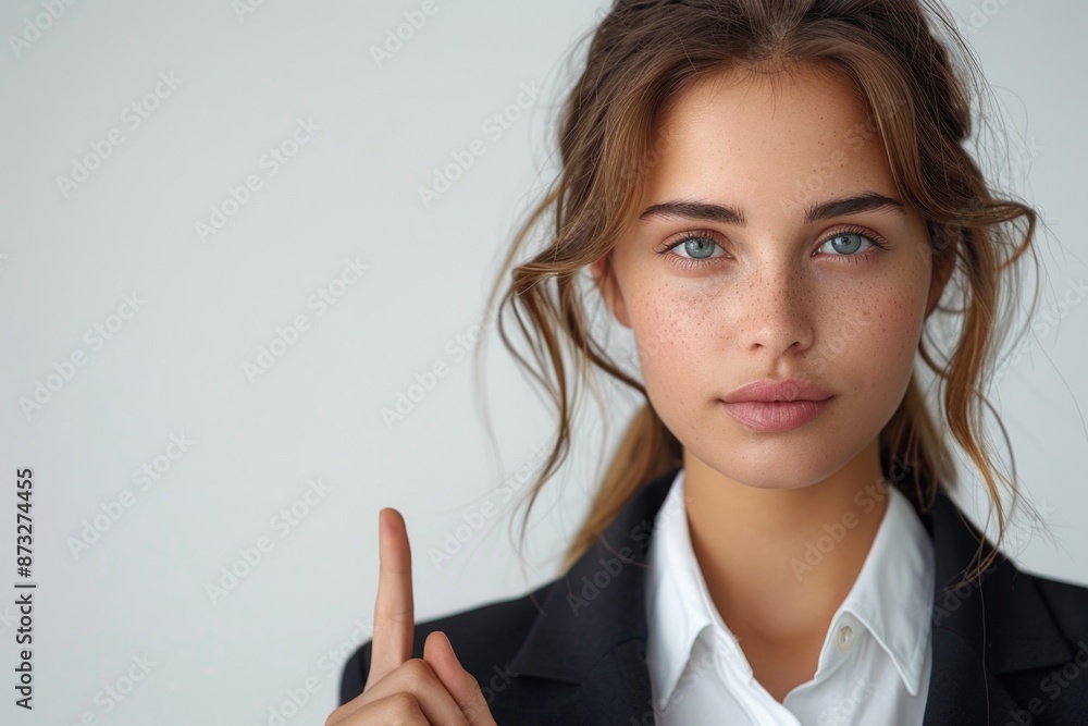 Businesswoman in formal wear, pointing to empty area, text space, hyper-realistic, isolated on white background Businesswoman in formal wear, pointing to empty area, text space, hyper-realistic, isolated on white background