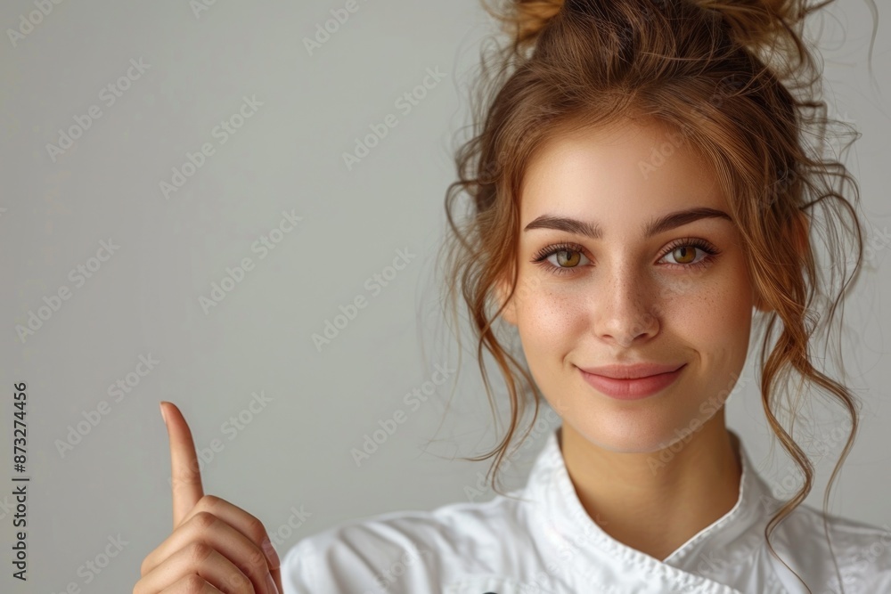 Lady chef pointing to empty space, room for text, , professional, isolated on white background Lady chef pointing to empty space, room for text, , professional, isolated on white background