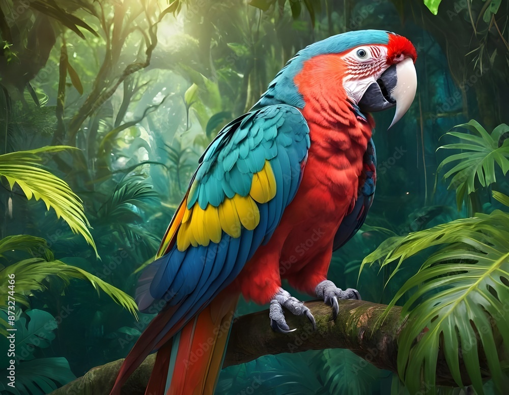 Obraz premium A Scarlet Macaw Perched on a Branch in a Lush Rainforest, parrot