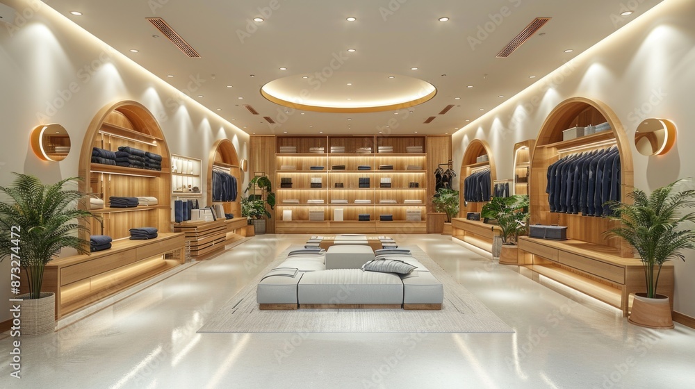 Minimalist clothing store interior with clean lines, ample whitespace, white and light grey palette, geometric shapes, neatly arranged racks, wood and glass materials, modern simplicity. v Minimalist clothing store interior with clean lines, ample whitespace, white and light grey palette, geometric shapes, neatly arranged racks, wood and glass materials, modern simplicity. v