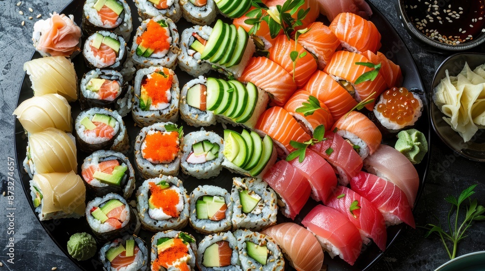 A platter of assorted sushi rolls, featuring fresh fish, avocado, and cucumber, served with soy sauce and wasabi A platter of assorted sushi rolls, featuring fresh fish, avocado, and cucumber, served with soy sauce and wasabi