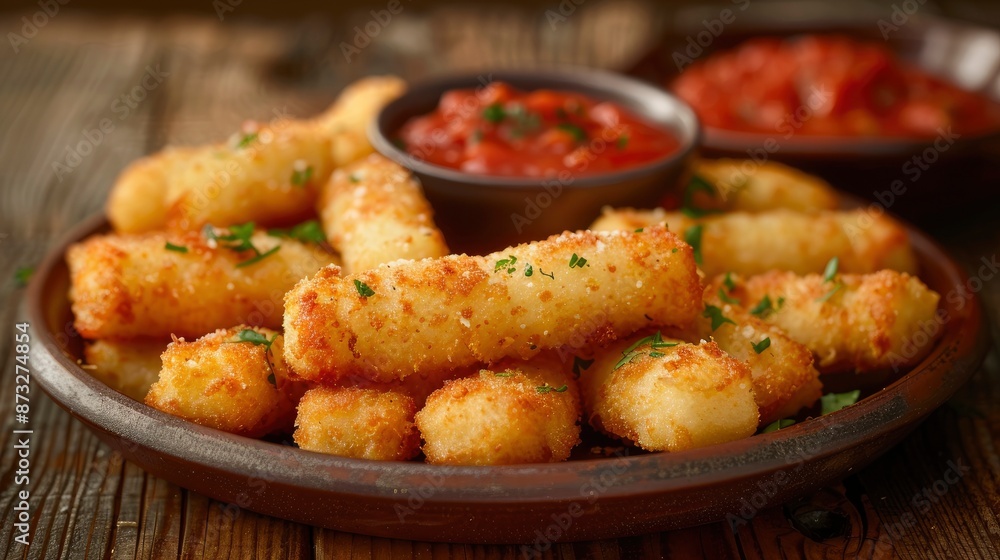 A platter of crispy mozzarella sticks with marinara dipping sauce, served on a rustic wooden table A platter of crispy mozzarella sticks with marinara dipping sauce, served on a rustic wooden table