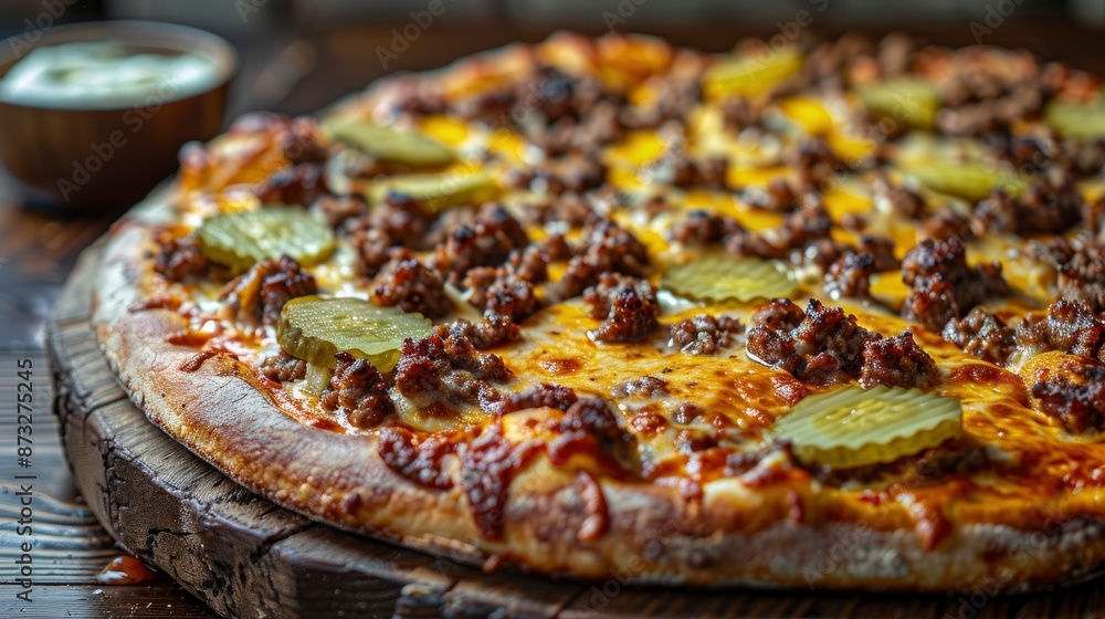 A delicious cheeseburger pizza with melted cheese, ground beef, and pickles, served on a wooden board A delicious cheeseburger pizza with melted cheese, ground beef, and pickles, served on a wooden board