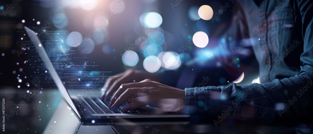 Futuristic Technology Background: Man Using Mobile Phone and Laptop Futuristic Technology Background: Man Using Mobile Phone and Laptop