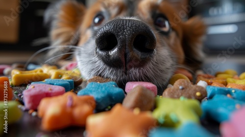 A close up of a dogs wet nose sniffing a variety of colorful dog treats laid out on a table photo