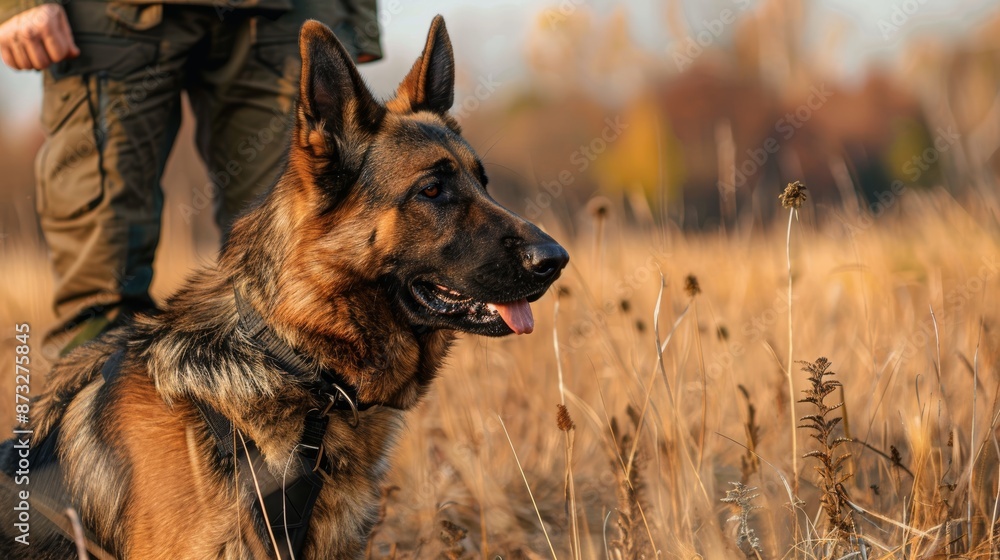A German Shepherd attentively working with its handler during a K9 training session in a field medium shot, highlighting the teamwork A German Shepherd attentively working with its handler during a K9 training session in a field medium shot, highlighting the teamwork