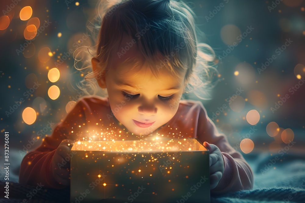 A whimsical image of a child opening a box containing a safe and fun toy, with a focus on the magic and wonder of receiving a safe and exciting gift A whimsical image of a child opening a box containing a safe and fun toy, with a focus on the magic and wonder of receiving a safe and exciting gift