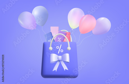 Flying bag icon 3d. Coupons and vouchers with balloons are flying up. Delivery of promotional offer, low interest rates. Vouchers, profitable bonuses, gift coupons in a shopping bag. Vector.